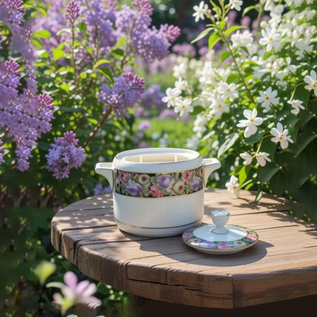 Lumanare parfumata Zana de gradina in vas vintage din portelan cu parfum de iasomie si liliac